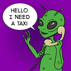 Alien talking phone pop art style vector