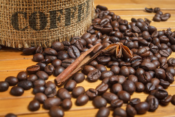 Coffee beans on the wooden table