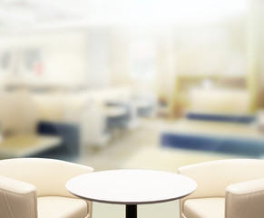 Table Top And Blur Building Of Background
