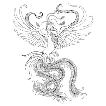 Mythological Phoenix or Phenix isolated on white background. Legendary bird that is cyclically reborn. Series of mythological creatures