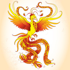 Mythological Phoenix or Phenix on the beige background. Legendary bird that is cyclically reborn. Series of mythological creatures