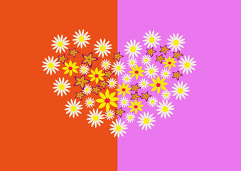 Flowers in the form of heart on a colorful background