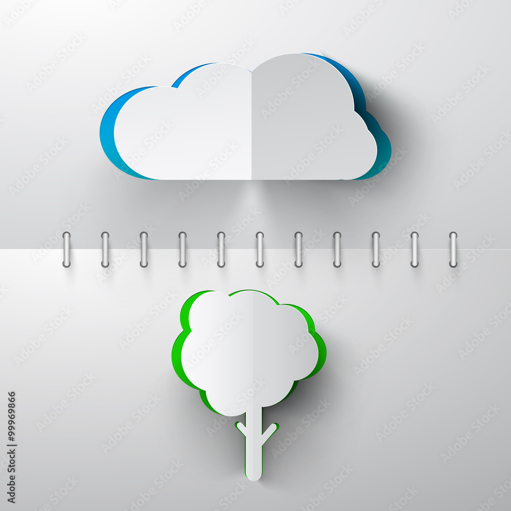 Poster paper cut vector cloud and tree on notebook background