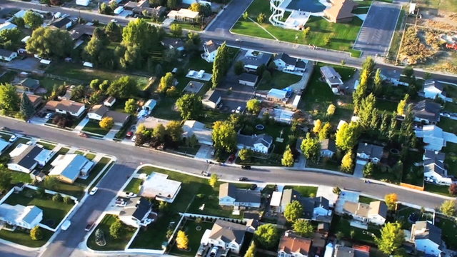Aerial shot of Lehi town and swimming pool.