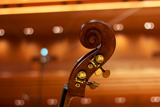 Contrabass on stage in front of an empty hall
