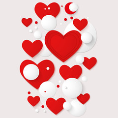 Vector horizontal banner with red hearts and 3d balls.