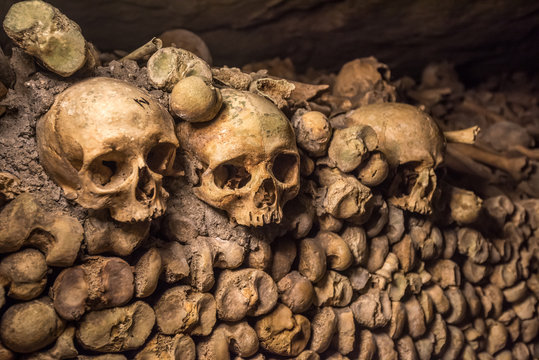 Skulls and bones in Paris Catacombs