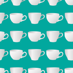 White cups seamless pattern 3. Vector illustration of white blank cups on a turquoise background