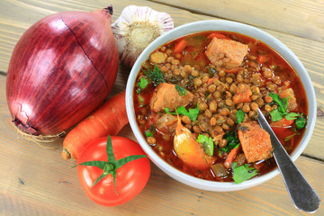 Brown Lentil Soup with Sausage and ingredients.