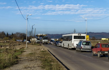 Fototapeta na wymiar Part from bridge above new construction of road with rows of cars, Benkovski, Sofia 