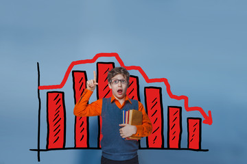 adolescent boy opened his mouth and pointing up businessman char