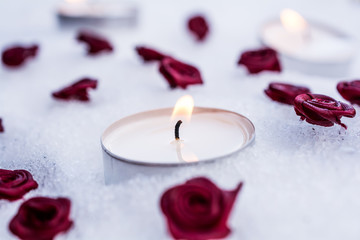 Romantic Winter Tealights On Snow Surrounded By Rose Bloom