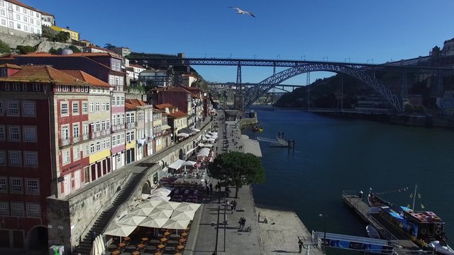 Colorful houses of Ribeira Square located in the historical center of Porto, Portugal along the river Douro.