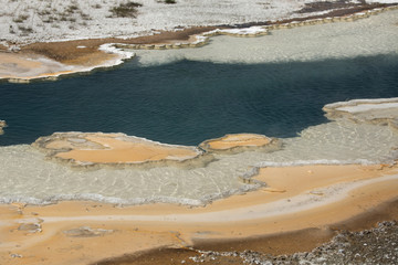Aquamarine pool in hot springs, geothermal area of the Yellowstone caldera, Wyoming.