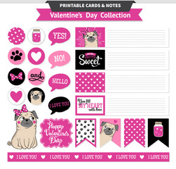 Valentines day printable set wih funny pugs.