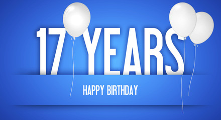 Happy Birthday Wishes To The Birthday Boy - Personalised With Number - Funny Birthday Card - With White Balloons - 17 Years Greeting Postcard - Illustration Anniversary Banner Ribbon.