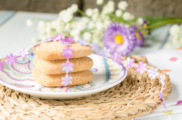 Heart-shaped butter cookies with sugar.