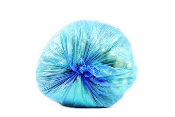 Blue rubbish bag isolated on white