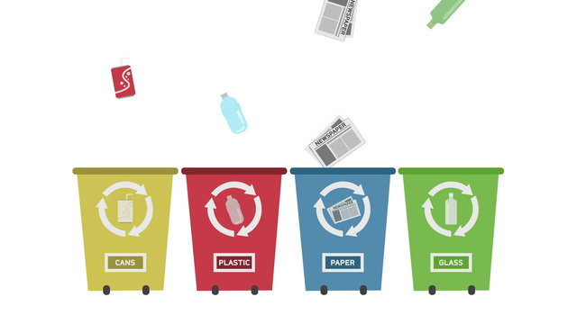 Recycle Concept - Recycle Bins set with different colors. Drop Cans, Plastic Bottles, Papers, and Glass bottles in Recycle Bins. different types of garbage fall into colored recycle bin.