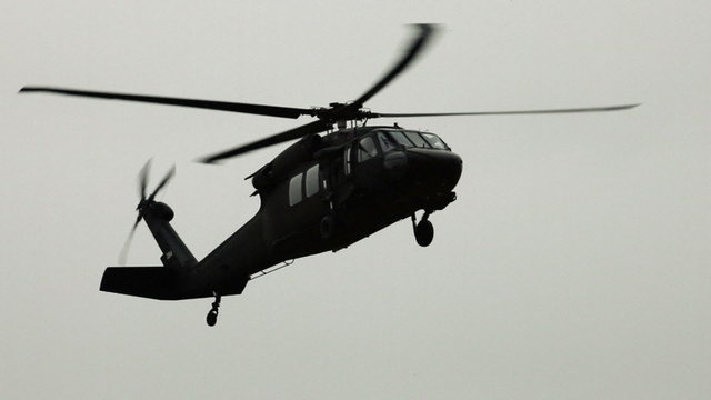Close up shot of Black Hawk helicopter approaching.