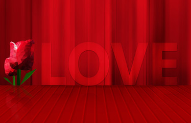 low poly red tulips and word love on red floor stage and curtain