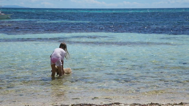Girl playing with a dog on the beach