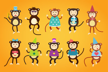 Happy cartoon monkey dancing party birthday background