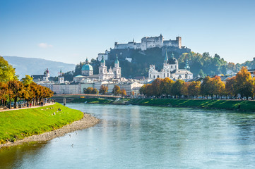 Historic city of Salzburg with river Salzach in fall, Austria