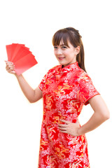 Happy chinese new year,Cute smiling Asian woman dress traditional cheongsam and qipao holding red...
