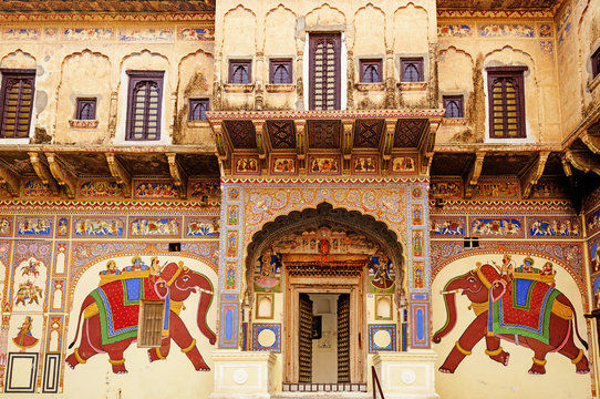 Frescoed Havelis in Mandawa, traditional ornately decorated residence, India. Rajasthan