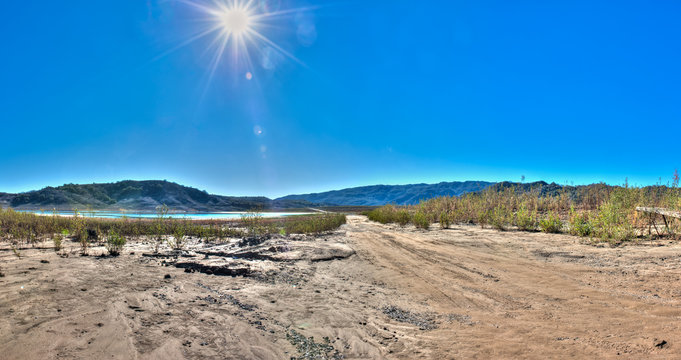 Old Highway 150 sits dry at bottom of Lake Casitas during California drought.