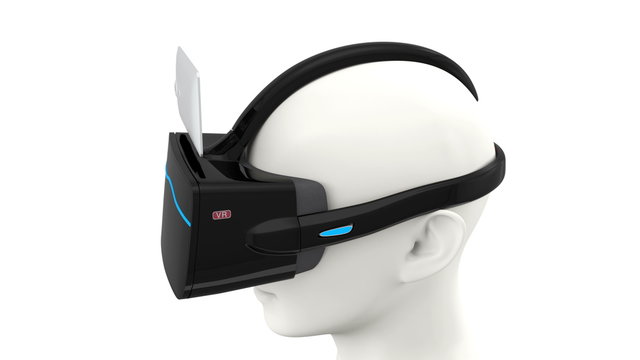 3D animation of VR headset. Smartphone insert into black head mounted display for VR experience.