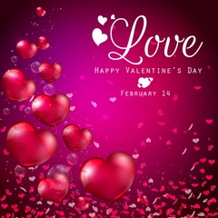 Transparent red heart balloons on purple background