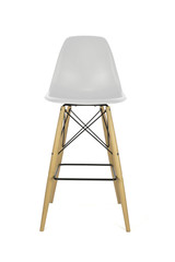 White Plastic Bar Stool with Wooden Legs on White Background, Front View