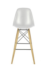 White Plastic Bar Stool with Wooden Legs on White Background, Rear View