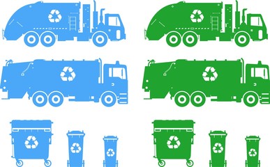 Set of different silhouettes garbage trucks and dumpsters. Vector illustration.