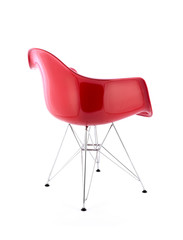 Red Shiny Plastic Chair with Metal Legs on White Background, Three Quarter View