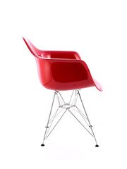 Red Shiny Plastic Chair with Metal Legs on White Background, Side View