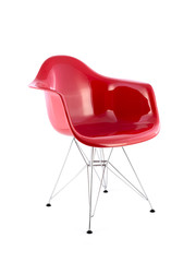 Red Shiny Plastic Chair with Metal Legs on White Background, Three Quarter View