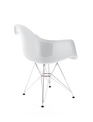 White Shiny Plastic Chair with Metal Legs on White Background, Three Quarter Rear View