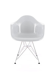 White Shiny Plastic Chair with Metal Legs on White Background, Front View
