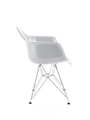 White Shiny Plastic Chair with Metal Legs on White Background, Side View
