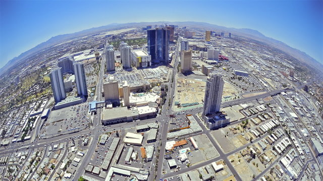 Timelapse, fisheye view of Las Vegas from the top of the Stratosphere Hotel to the city below.