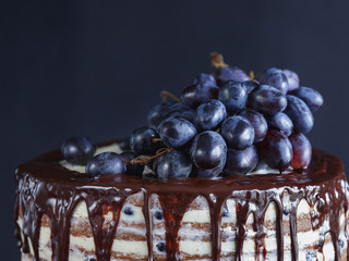 Naked cake with chocolate frosting and grapes, close-up on dark background