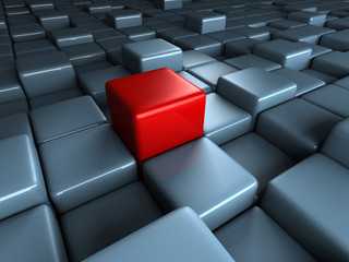 Different red cube outstanding on blue blocks background
