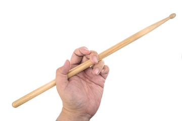 Isolated male left hand holding drum stick in traditional positi