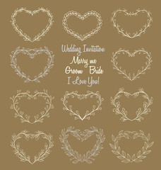 hand drawn wreaths in heart shape frame on brown background. doo
