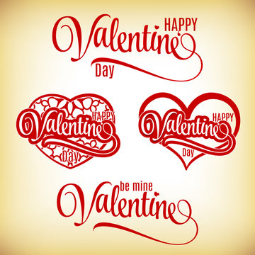 Set of hand drawn decorative  elements for Valentine's Day. Hand drawn lettering. Vector illustration.