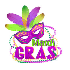 vector illustration of Mardi Gras or Shrove Tuesday lettering label on white background. Holiday poster or placard template. Mardi Gras design element. EPS 10 vector, grouped for easy editing.