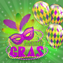 vector typographical illustration of ornate chalk words Mardi Gras on the blackboard texture with multicolored flying balloons and carnival mask